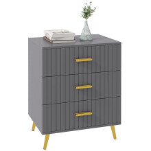 Momase Tall Wooden Grey And Gold Tone 3 Drawer Embossed Bedside Table