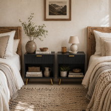 Sota Sola Set Of 2 Black And Gold Ribbed Elegant Bedside Tables With Drawer And Shelf