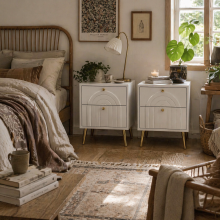 Leri Kama Set Of 2 White Bedside Tables 2 Drawers Golden Handles