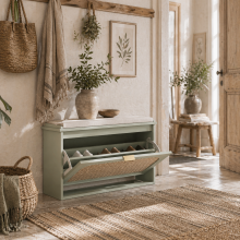 Rikena Coyo Wooden Light Green Boho Style Shoe Bench With Cushioned Seat And Flip Drawer