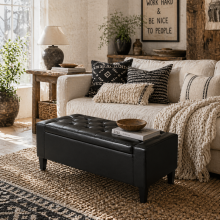 Sabata Faux Leather Black Storage Ottoman Bench With Lift Up Diamond Tufted Lid