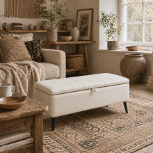 Zimina Linen Look Cream Storage Ottoman Stripe Top