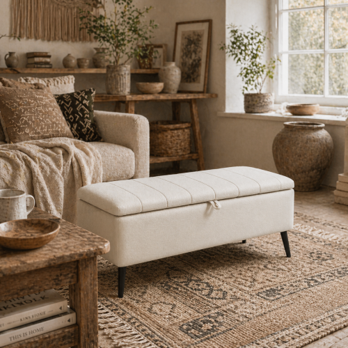 Zimina Linen Look Cream Storage Ottoman Stripe Top