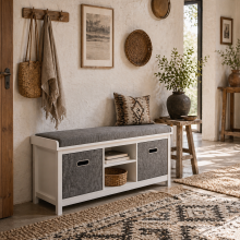 Keso Wooden White And Grey Shoe Storage Bench With Cushioned Seat