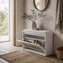 Kekami Wooden White Boho Style Shoe Bench With Cushioned Seat And Flip Drawer