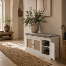 Wooden White Shoe Bench With 3 Woven Rattan Doors And Grey Padded Seat