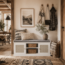 Bafisa Wooden White Boho Shoe Bench With Cushioned Seat And Rattan Doors