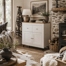 Dielro White and Natural Wooden Farmhouse Sideboard With Double Doors And 2 Storage Drawers