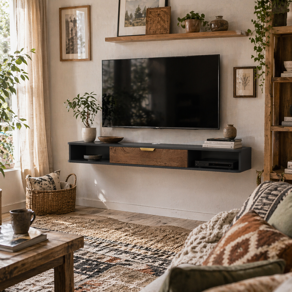 Rackhams Grey Nova 140Cm Wooden Charcoal And Natural Floating Tv Stand With Storage - Image 2