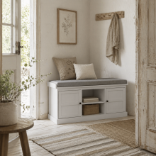 Lire Wooden White And Grey Multi Compartment Shoe Bench With Cushioned Top