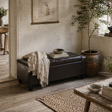 Rira Faux Leather Brown Storage Ottoman Bench With Diamond Tufted Seat