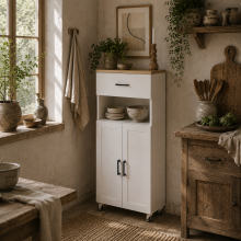 Yoelna 130cm Wooden White Nordic Kitchen Cabinet 1 Drawer 2 Doors And Open Counter