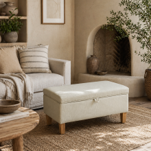 Suba Linen Beige Storage Footstool With Storage Natural Wooden Legs