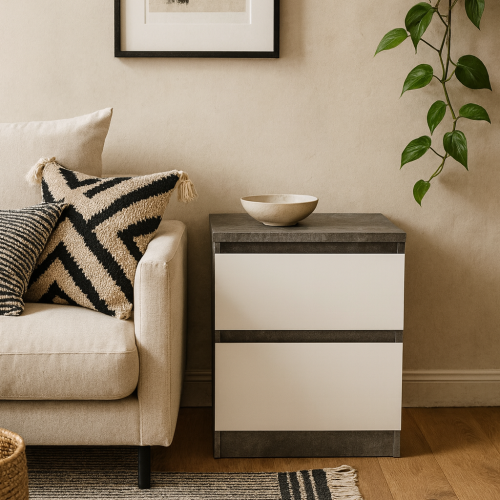 Budapest White and Concrete Effect Wood Bedside Table 2 Drawers