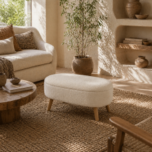 Molasa Boucle Cream White Storage Ottoman Teddy Fleece Natural Wooden Legs