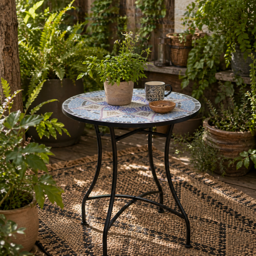 Makema Ceramic Blue And White Round Mosaic Outdoor Bistro Table