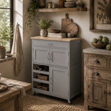 Lehari Grey Wooden Rolling Kitchen Island With Drawer Wine Rack Door Cabinets And Natural Wood Top