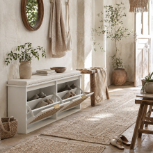 Hano Wooden White Boho Style Shoe Bench With Cushioned Seat And 2 Flip Drawers