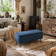 Sudina Linen Look Rectangle Dark Blue Storage Ottoman