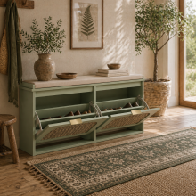 Rika Wooden Light Green Boho Style Shoe Bench With Cushioned Seat And 2 Flip Drawers