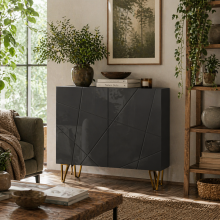 Diro High Gloss Black Geometric Pattern Sideboard With Gold Hairpin Legs
