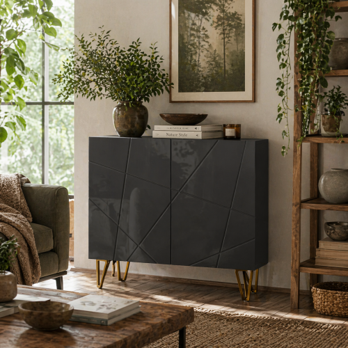 Diro High Gloss Black Geometric Pattern Sideboard With Gold Hairpin Legs