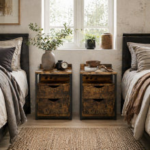 Dikedo Set Of 2 Industrial Metal And Wooden Rustic Brown Bedside Tables 2 Drawer And Shelf