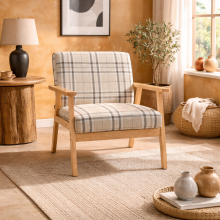Sove Linen Beige Tartan Pattern Single Armchair With Wooden Frame