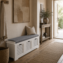 Vesava Wooden White 3 Drawer Slatted Shoe Storage Bench with Grey Padded Seat