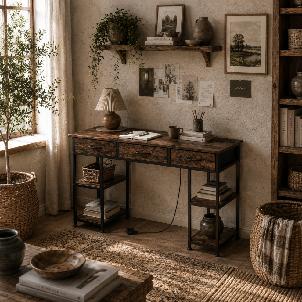 Wyld Haus Brown Hariva 120Cm Wooden Rustic Home Office Desk With Power Sockets 3 Fabric Drawers And 4 Storage Shelves - Image 2