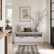 Noma Wooden White Shoe Bench With Grey Cushion2 Shelves 2 Drawers