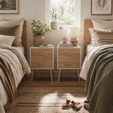 Elco Natural Wooden Set Of 2 Bedside Tables With 2 Drawers And Angled Legs
