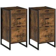 Naba Metal and Wood Rustic Brown Set Of 2 Industrial 3 Drawer Storage Bedside Tables
