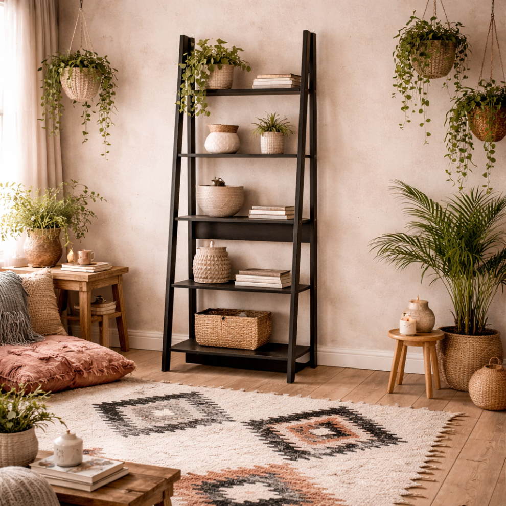 Athy Black Wooden Ladder Bookcase 5 Shelves 5056880245371