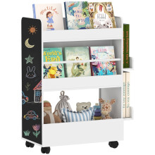 Kinderboekenkast met 4 planken, krijtbord en wielen, wit