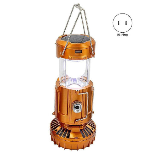 (Silver) 2-in-1 Solar Camping Lantern LED Light Adjustable Fan USB Charging Station Gold US Plug 1