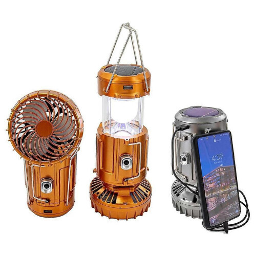 (Silver) 2-in-1 Solar Camping Lantern LED Light Adjustable Fan USB Charging Station Gold US Plug 2