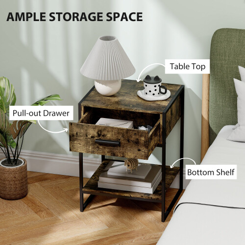 Likeli Rustic Brown Modern Bedside Table With Bottom Shelf and Drawer 2