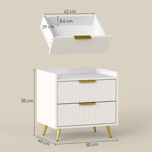 Yoha White and Gold Ribbed 2 Drawer Bedside Table 2