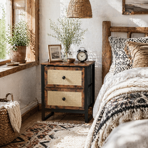 Mata Coyo Brown Industrial Bedside Table Wicker 2 Drawers 1