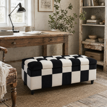 Tava Velvet Black and White Storage Bench With Wooden Legs For Bedroom