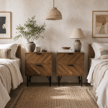 Vira Walnut Set Of 2 Brown Bedside Tables With Chevron Herringbone Pattern Black Metal Legs