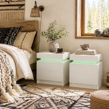 Nisu High Gloss White Set Of 2 Bedside Tables With LED Lighting and Storage Drawers