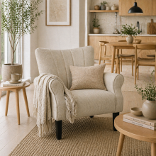 Vikene Coni Fabric Beige Accent Armchair With Rolled Arms And Wooden Legs