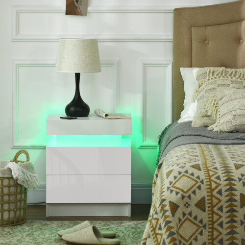 Rema High Gloss White Bedside Table With LED Lighting And 2 Drawer Storage 2