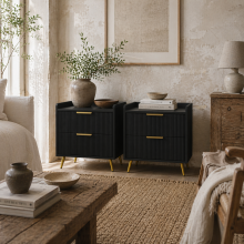 Veha Black Set Of 2 Elegant Ribbed 2 Drawer Bedside Tables Gold Handles