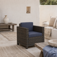 Zivi Faux Rattan Mixed Brown And Navy Garden Armchair With Cushion