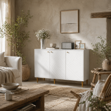 Rasuno Ledi White And Gold Tone 2 Cupboard with Scandi Line Pattern