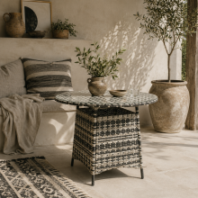 Viveke Rattan Grey Outdoor Coffee Table With Tempered Glass Top And Parasol Hole