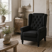 Royo Linen Black Retro Wingback Accent Armchair With Diamond Button Tufting